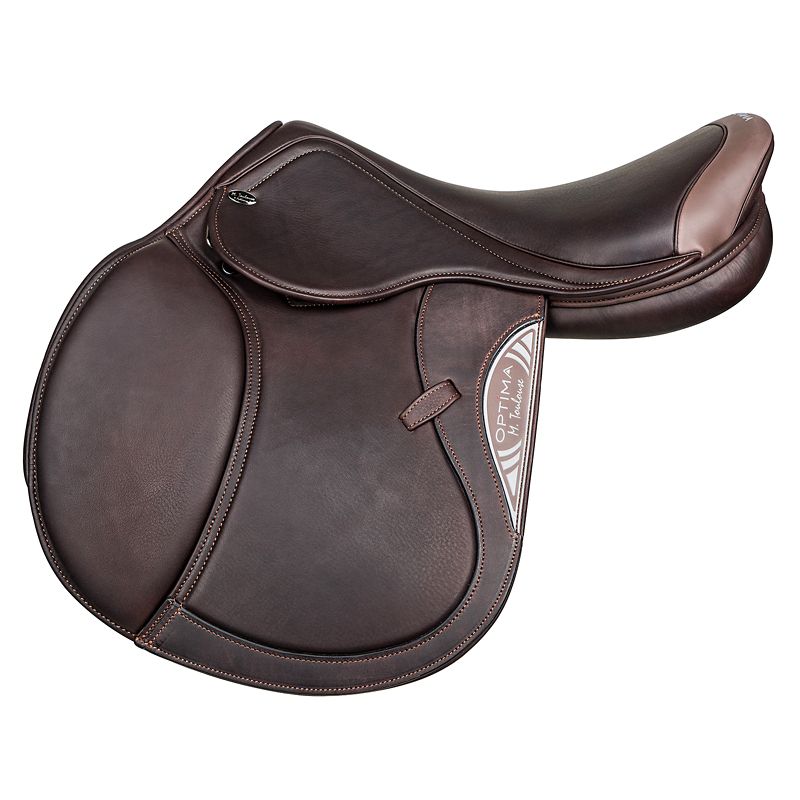 "Prestige brown leather Optima showjumping saddle, elegant and durable."