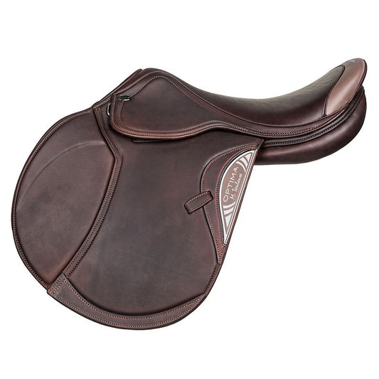 "Optima showjumping saddle, dark brown leather, professional design, detailed stitching."