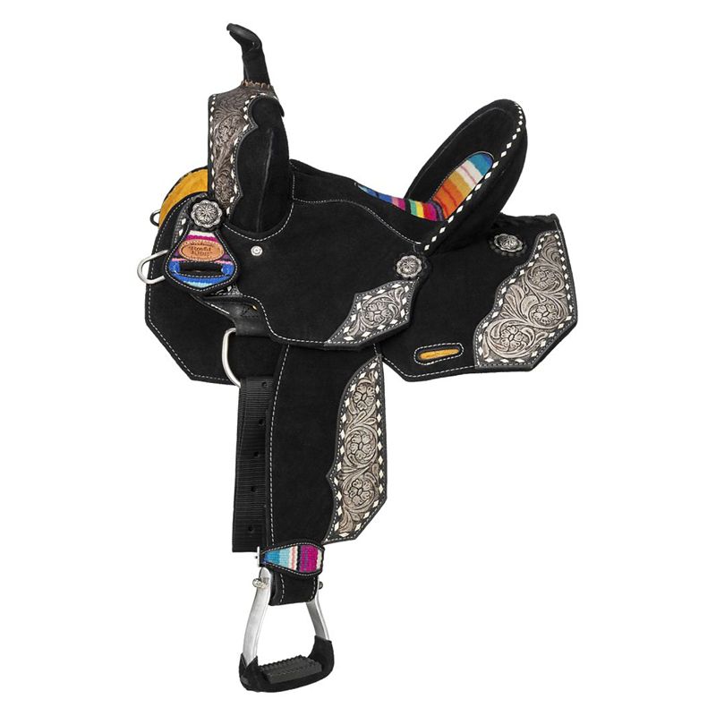 Black western saddle with ornate silver and colorful accents.