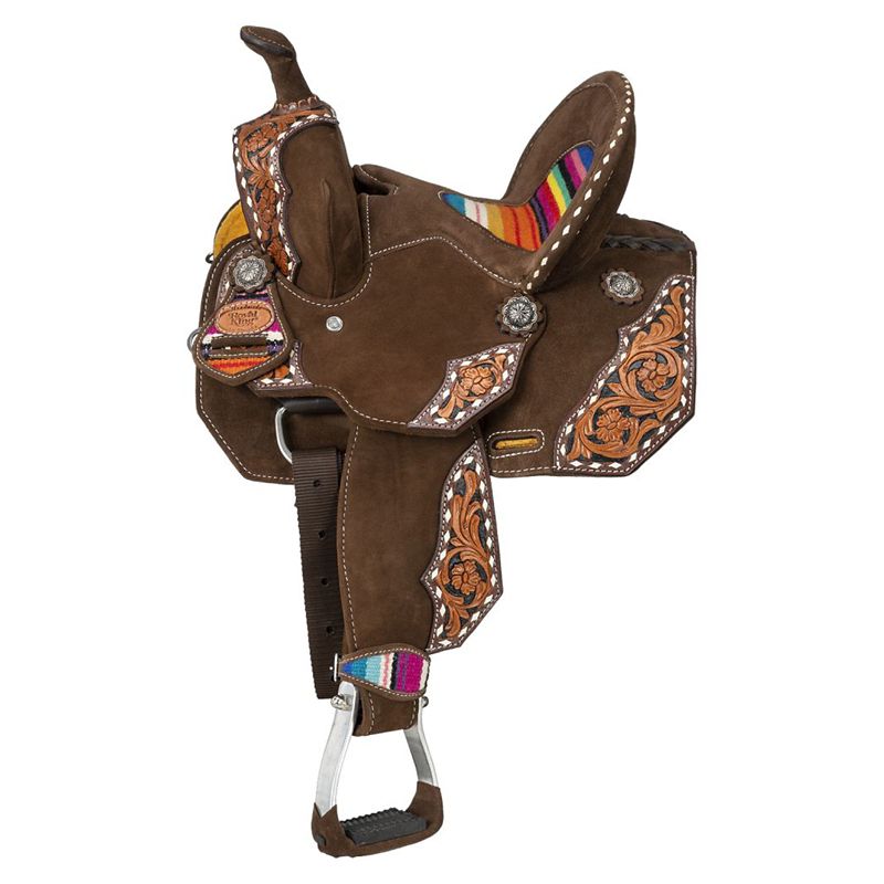 Brown western saddle with colorful inlays and intricate carvings.