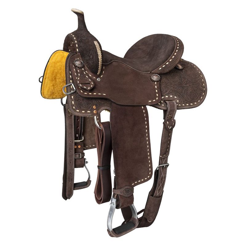 Brown tooled leather western saddle with yellow seat padding.