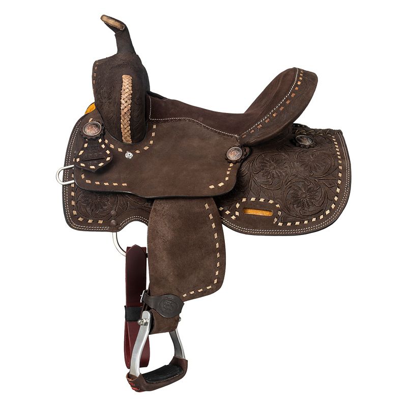 Brown leather western saddle with detailed floral tooling design.