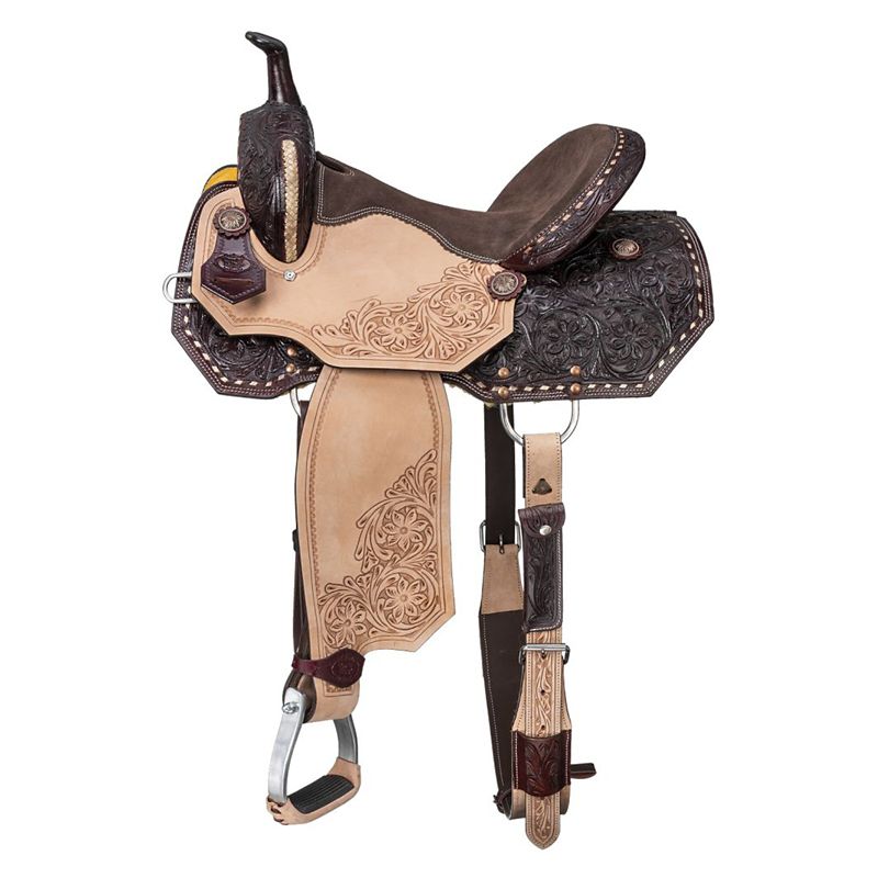 Detailed leather western saddle with intricate floral carvings.