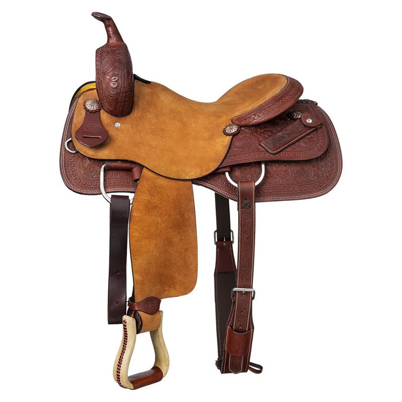 Detailed brown and tan leather western saddle with tooling.