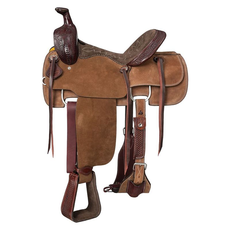 Brown leather detailed western saddle with stirrups and attachments.