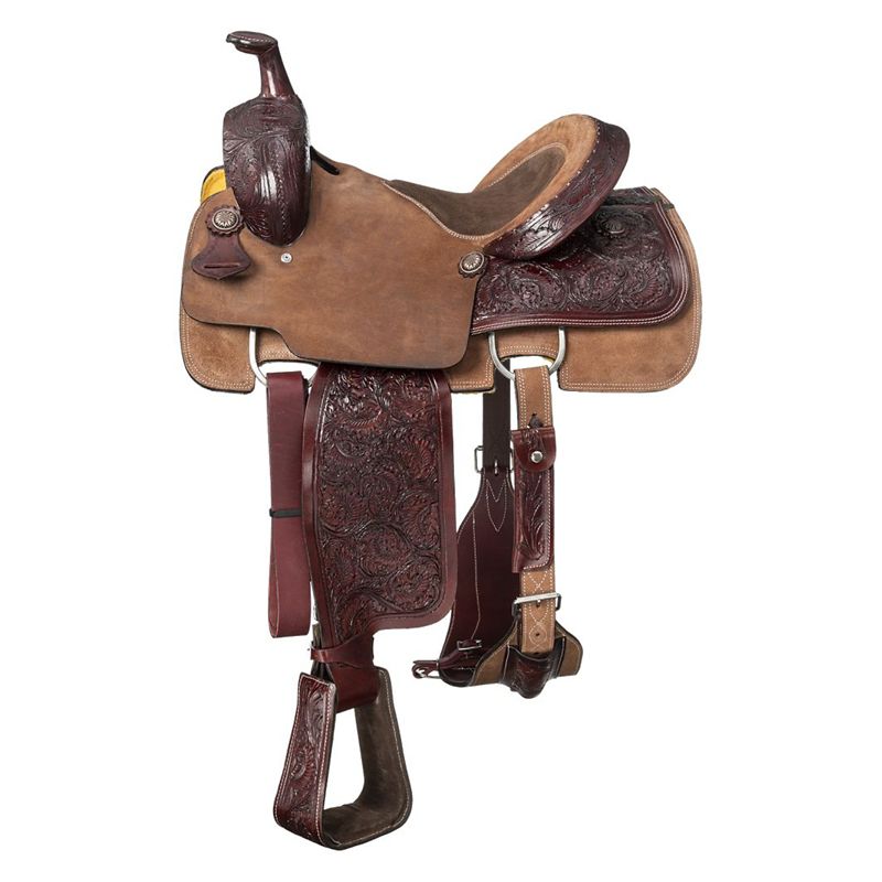 Brown and tan leather western saddle with intricate designs.