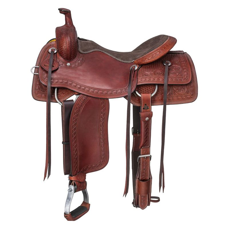 Brown leather western saddle with intricate tooling and designs.