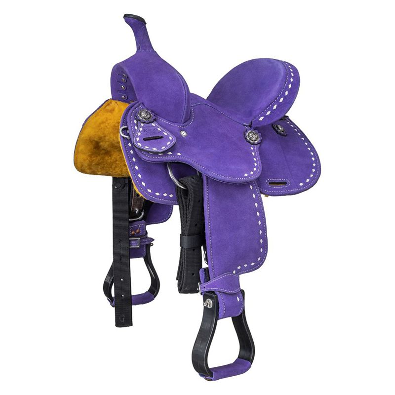 Purple western saddle with decorative stitching and metal accents.