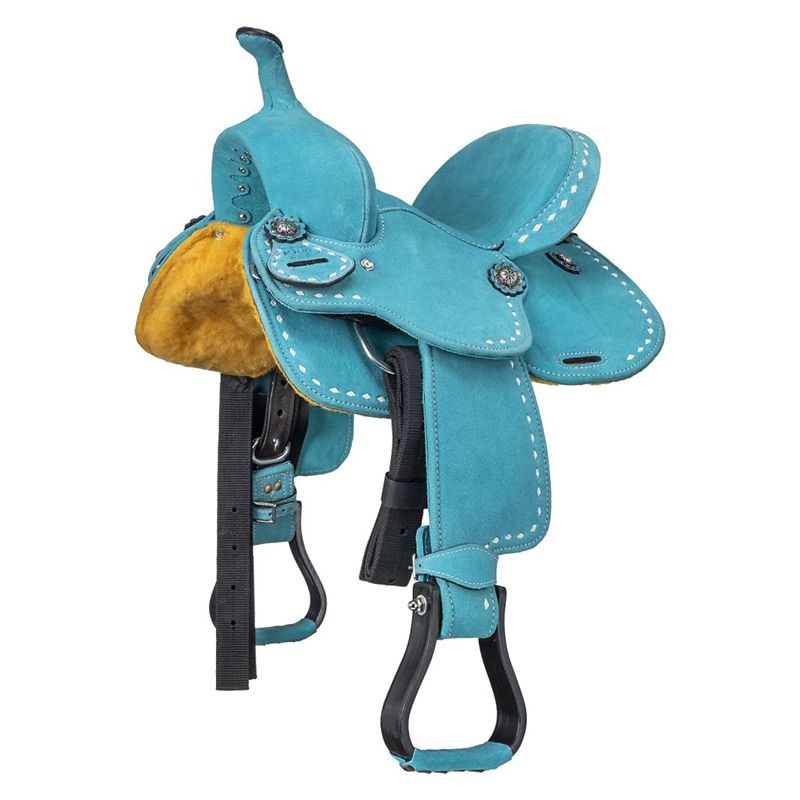 Blue and yellow western saddle with black stirrups.