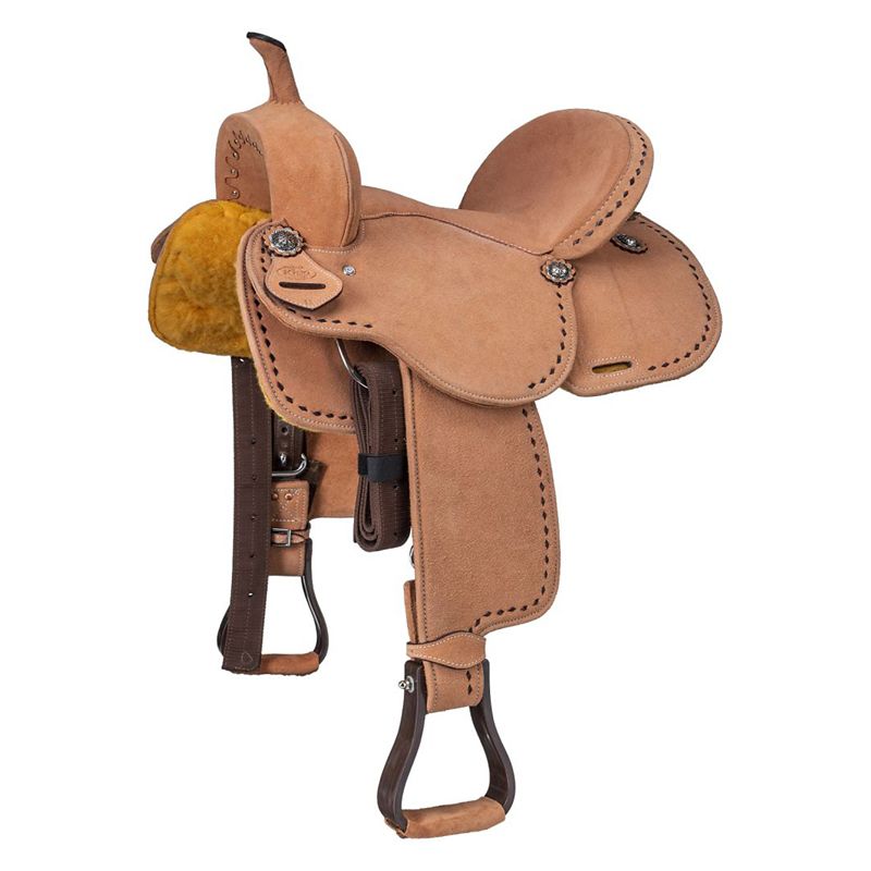 Tan western saddle with black stitching and metal accents.