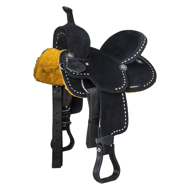 Black western saddle with white stitching and yellow underlining.