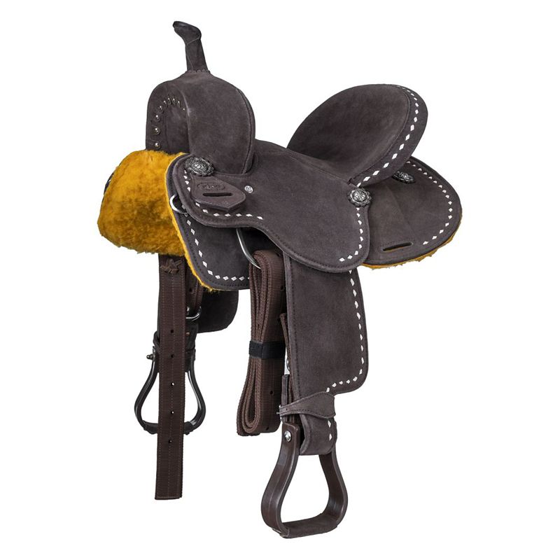 Dark brown western saddle with yellow fleece underlining.