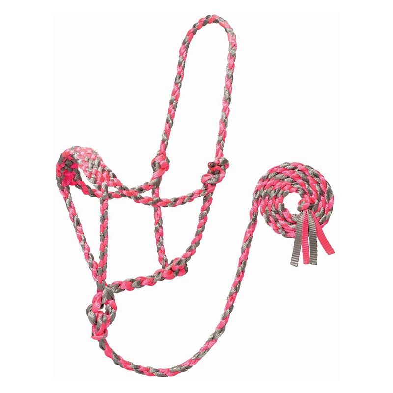 Brightly colored rope halter with red, gray, and pink braiding.