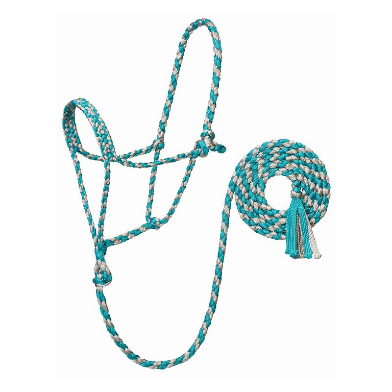 Turquoise and white braided rope halter with matching lead rope.