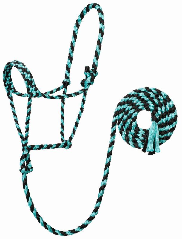 A turquoise and black rope halter with a lead rope.