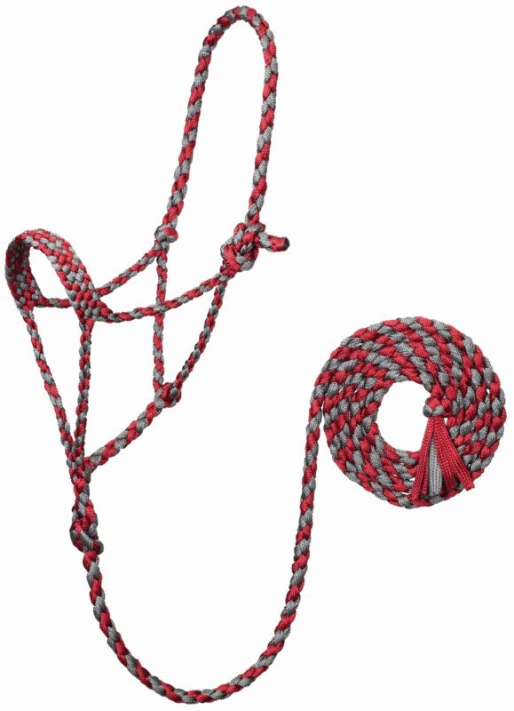 Red and gray braided rope halter with adjustable loops 스타일