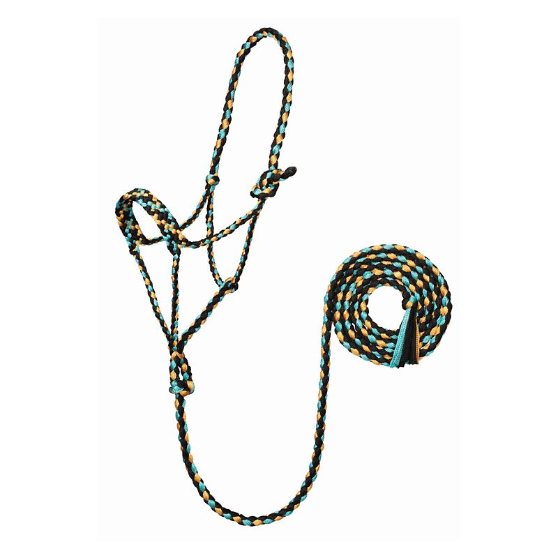 Multicolored, braided rope halter with attached lead rope.