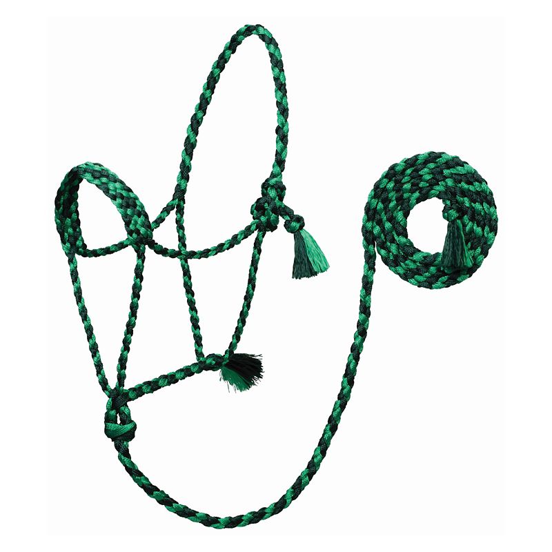 Green and black braided rope halter with matching lead rope.