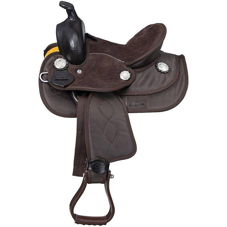 Brown western saddle with silver accents and stirrups.