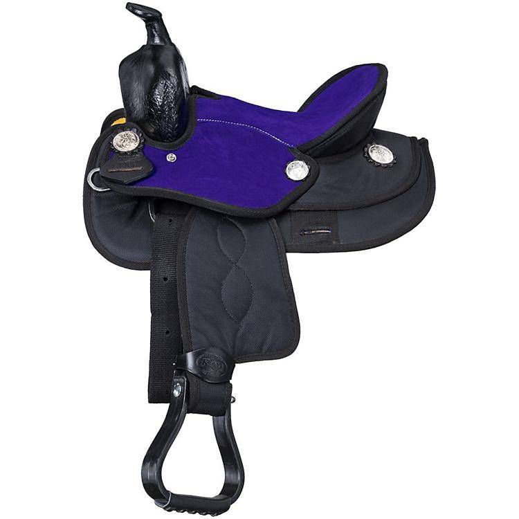 Black and purple western saddle with stirrups and silver decorations.