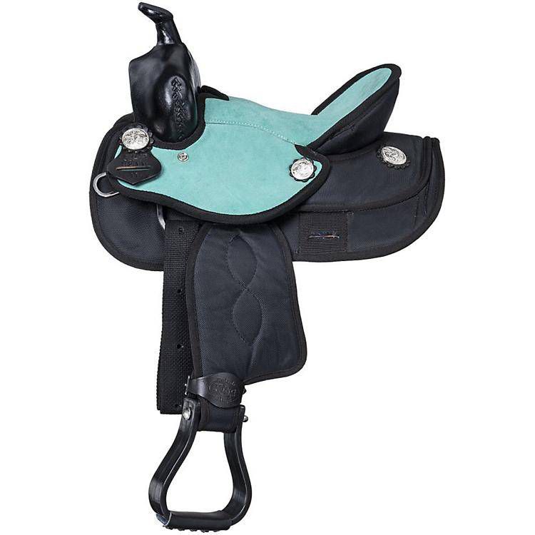 Black and teal western saddle with silver accent details.