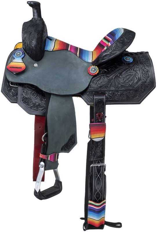 Colorful, intricately designed western saddle with vibrant stripes.