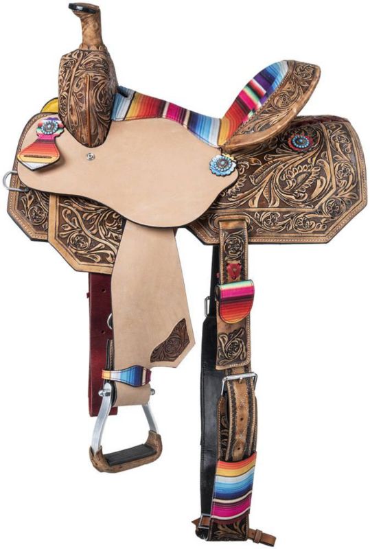 Ornate western saddle with colorful striped seat and detailing.