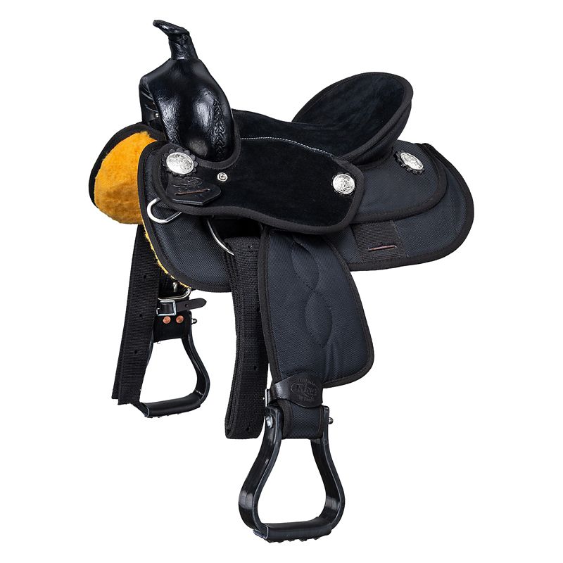 Black and yellow western saddle with stirrups and silver details.