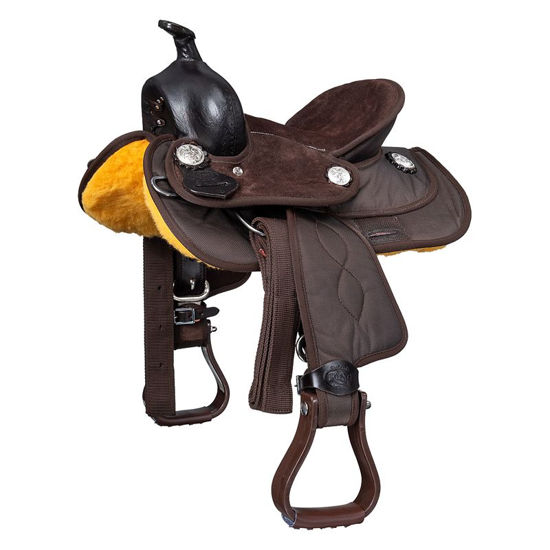 Brown western saddle with silver conchos and yellow underside.