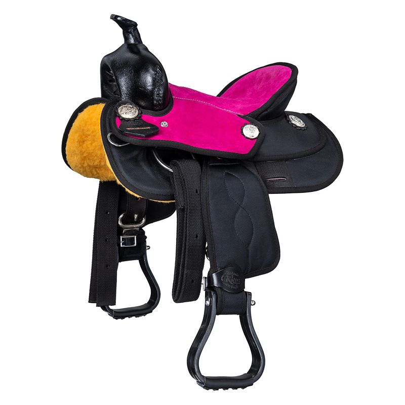 Colorful black and pink western saddle with yellow underside.