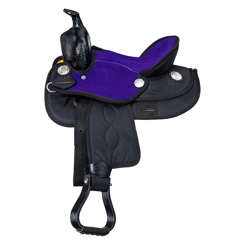 Black and purple western saddle with silver decorative accents.