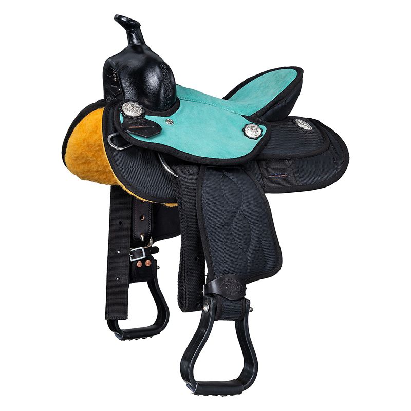 Black and turquoise western saddle with silver conchos and stirrups.