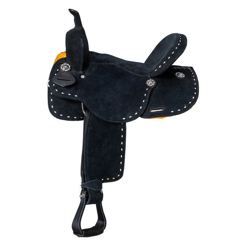 Black suede western saddle with white stitching and detailing.