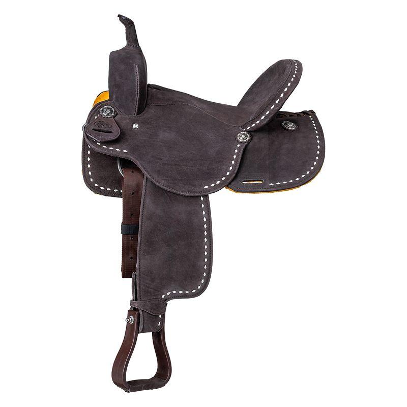 Dark brown western saddle with white stitching and details.