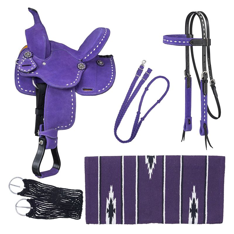 Purple western saddle with matching bridle set and blanket.