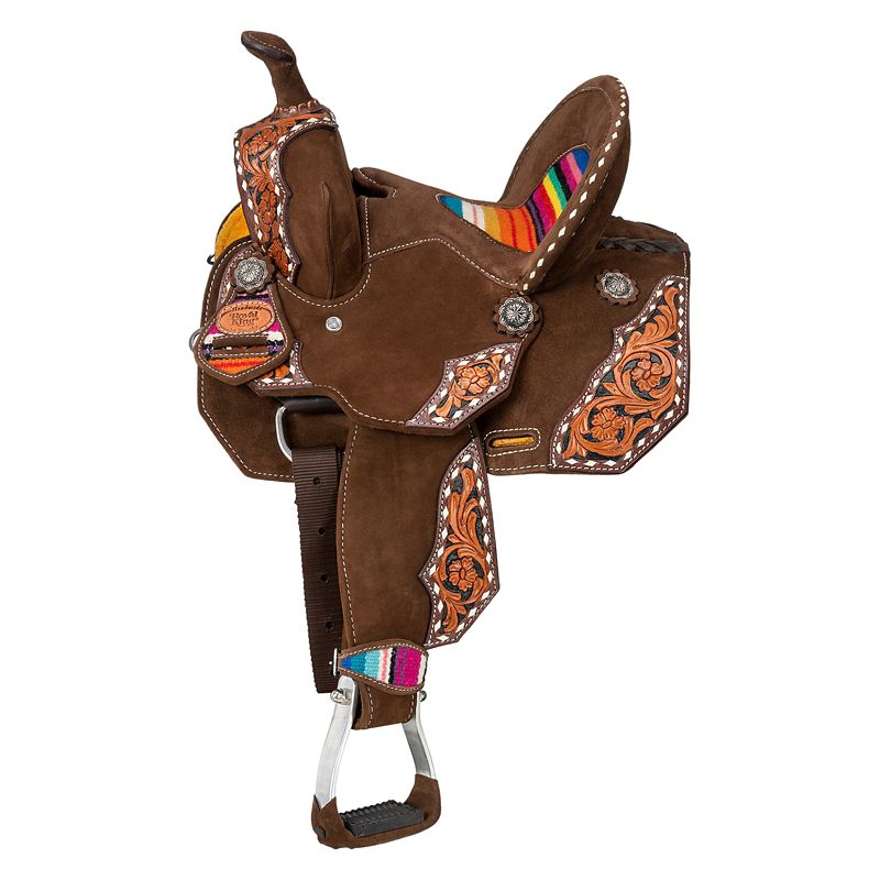 Brown western saddle with colorful and intricate floral designs.