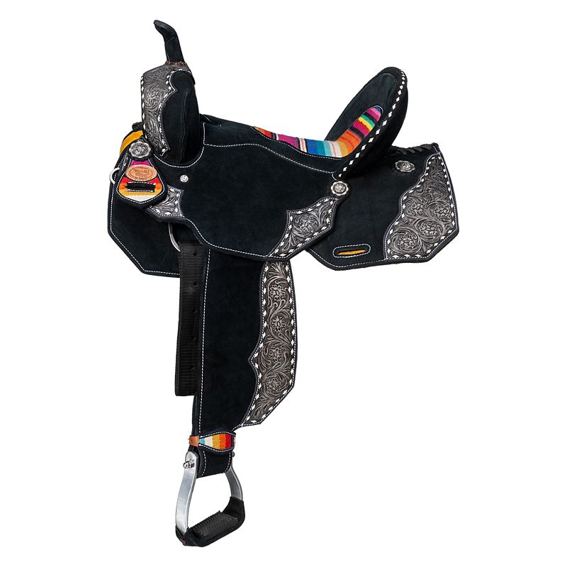 Black western saddle with ornate silver details, colorful accents.