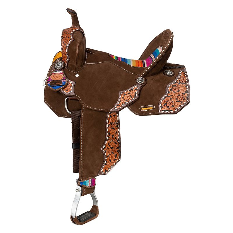 Brown leather western saddle with decorative floral carving details.