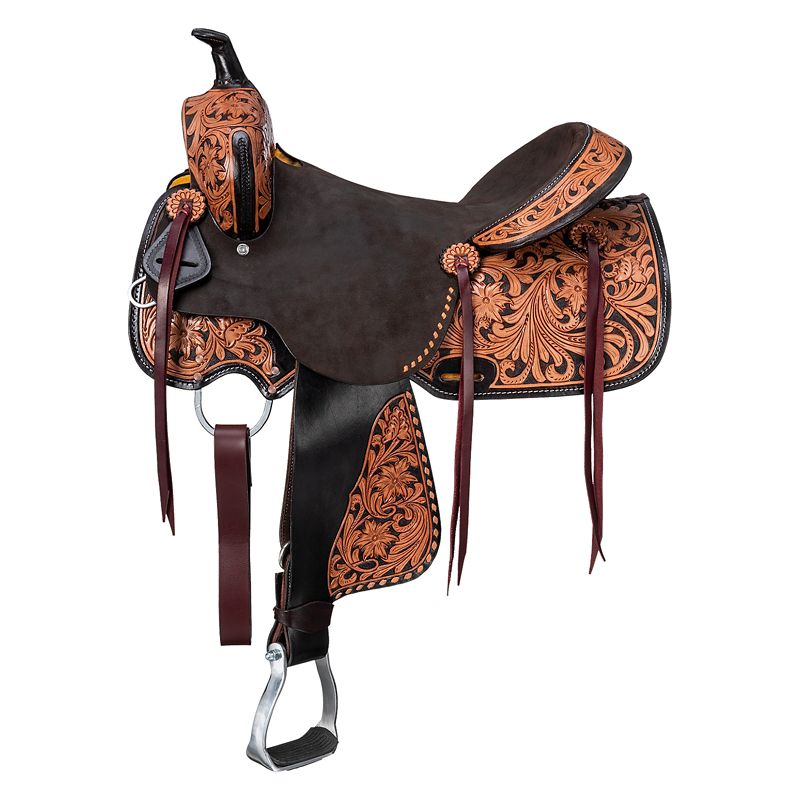 Decorative western saddle with intricate floral patterns and leather accents.