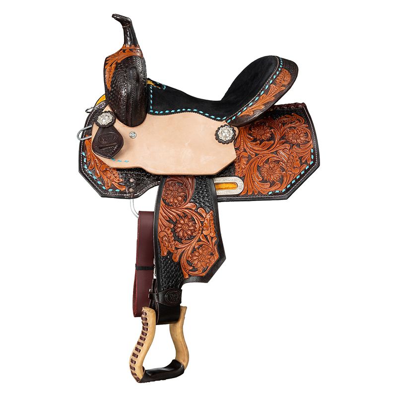 Detailed western saddle with intricate floral tooled leather design.