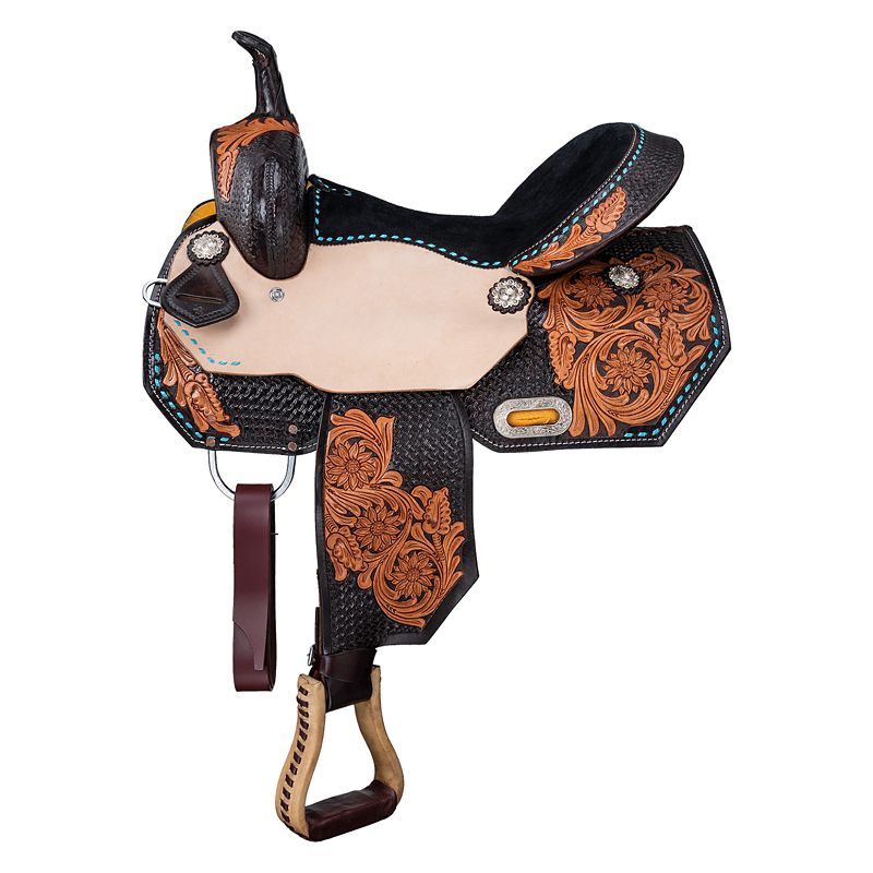 Ornate western saddle with intricate floral and geometric designs.