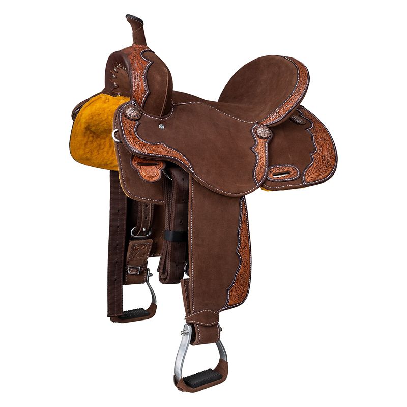 A brown leather western saddle with decorative carved patterns.