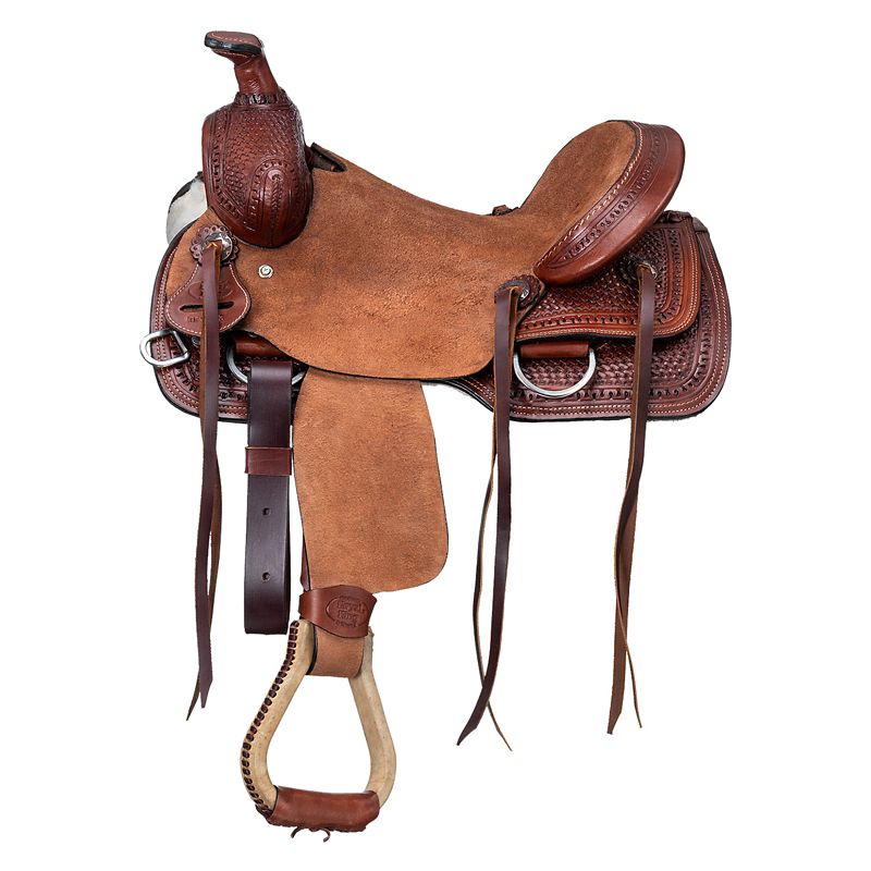 Brown leather western saddle with intricate tooling and stirrup.