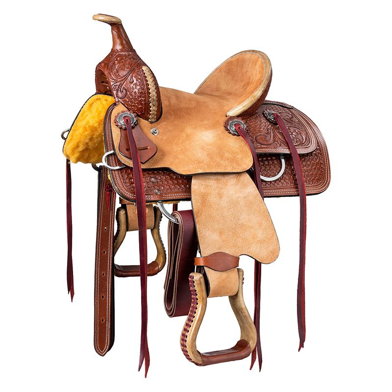 Intricately designed brown and tan western saddle with stirrups.