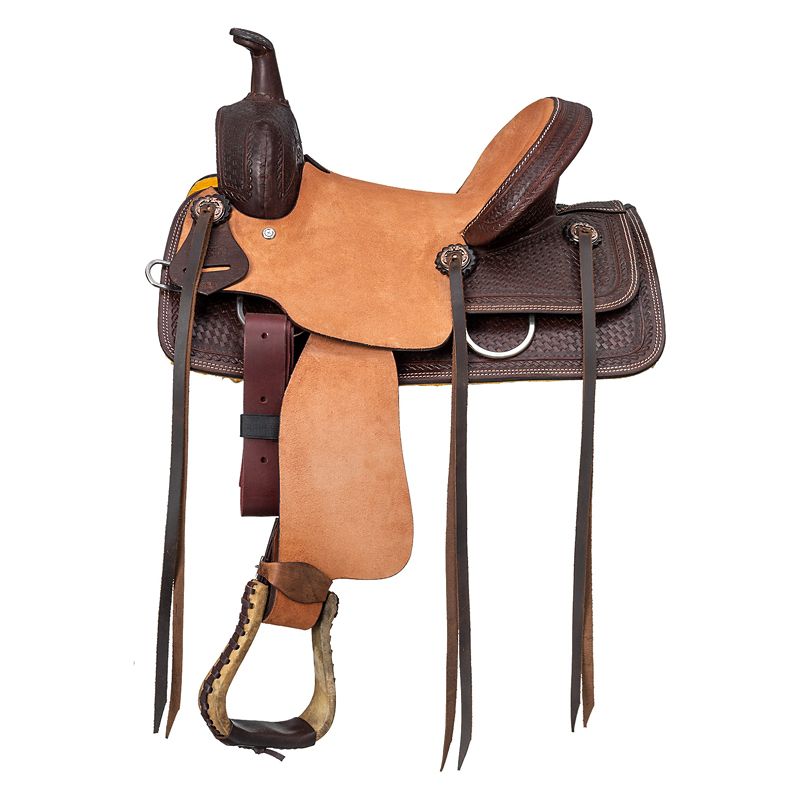 Brown and tan leather western saddle with intricate details.