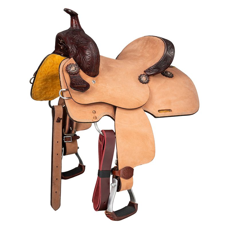 Tan and dark brown leather western saddle with intricate detailing.