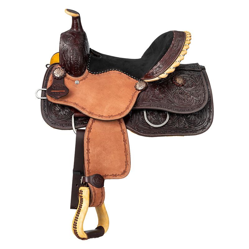 Leather western saddle with intricate carvings and tan accents.