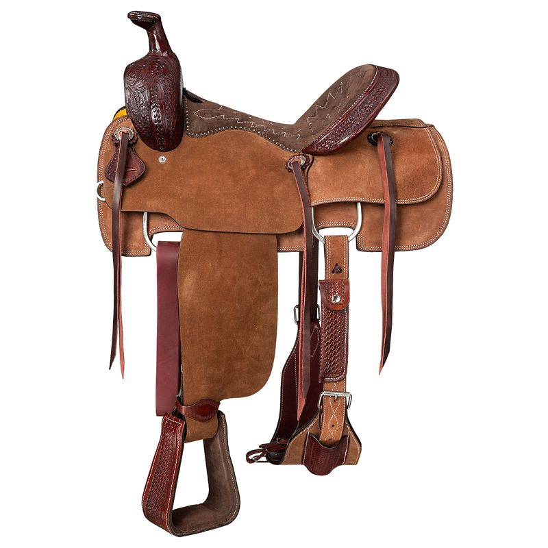 Brown leather western saddle with detailed tooling and stirrups.