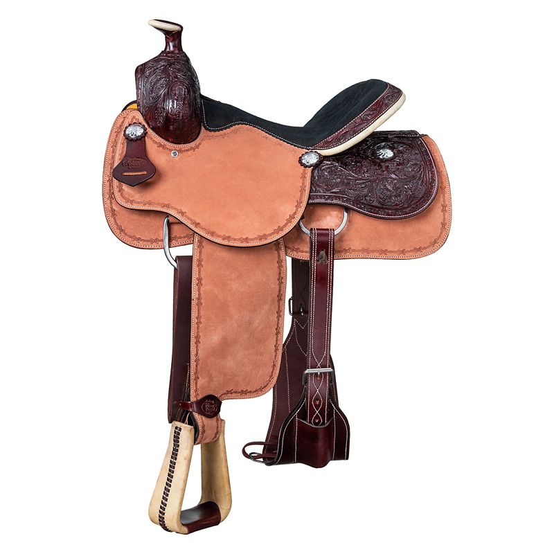 Elegant western saddle with intricate leather detailing on seat.