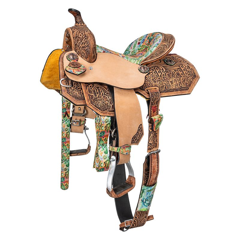 Colorful and intricately designed western saddle with carvings.